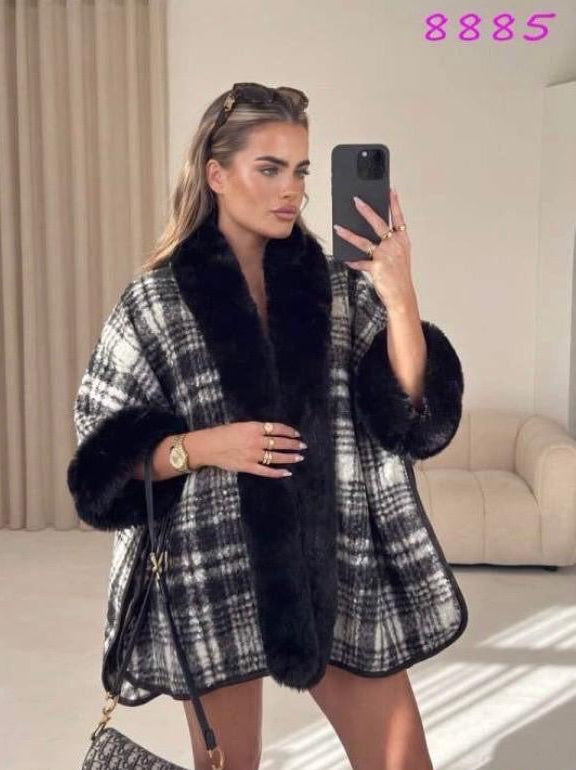 Carly fur trim checkered cape